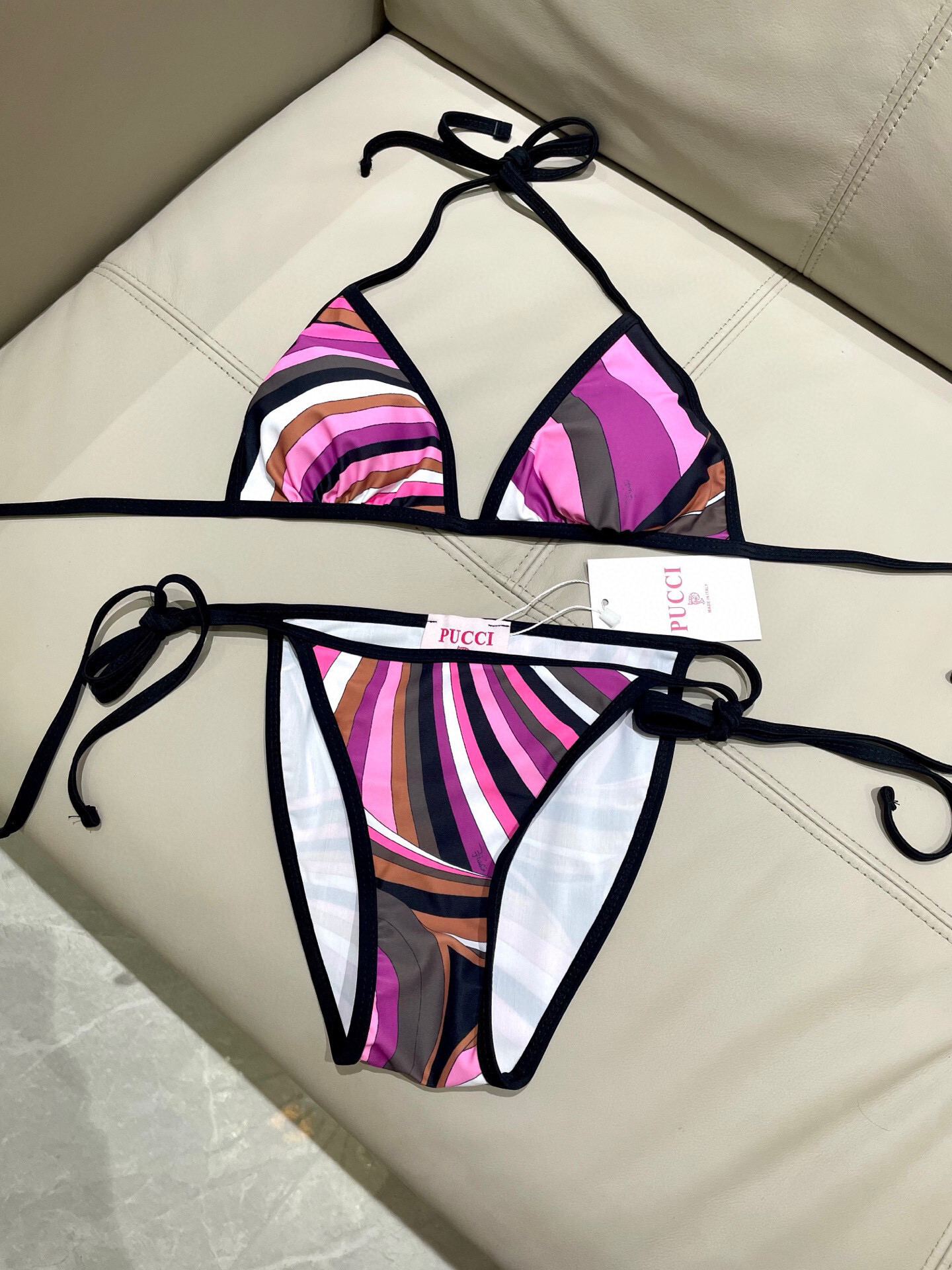 Pink Abstract Swirl Triangle Bikini Set – Tie-Side Summer Swimwear