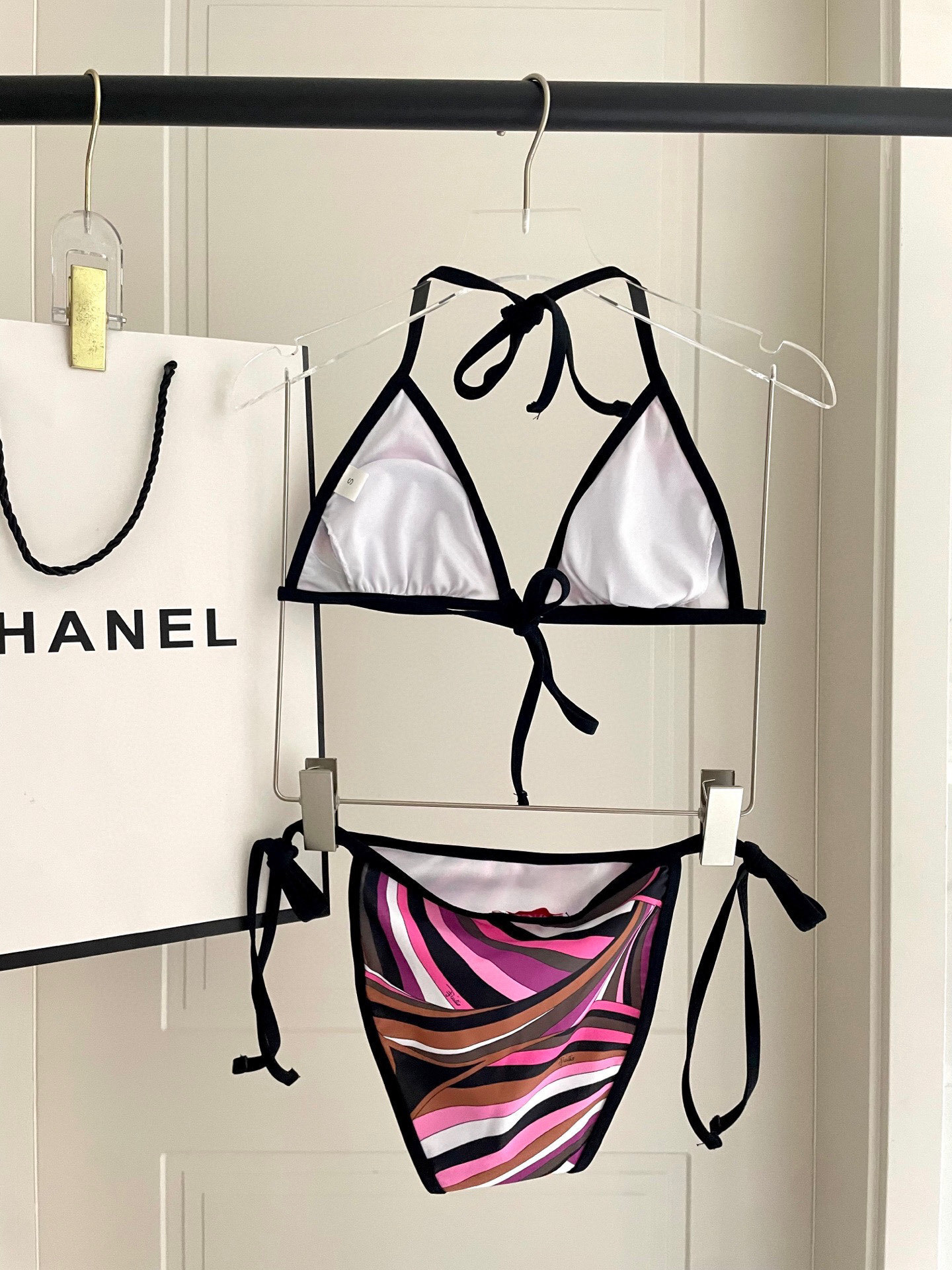 Retro Abstract Swirl Print Triangle Bikini Set – Pink & Purple Swimwear