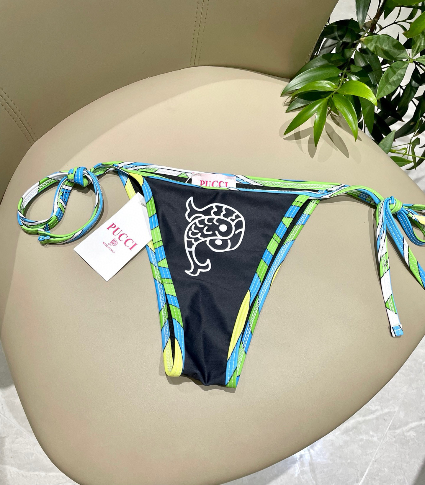 Black Triangle Bikini Set with Neon Stripe Trim & Graphic Logo