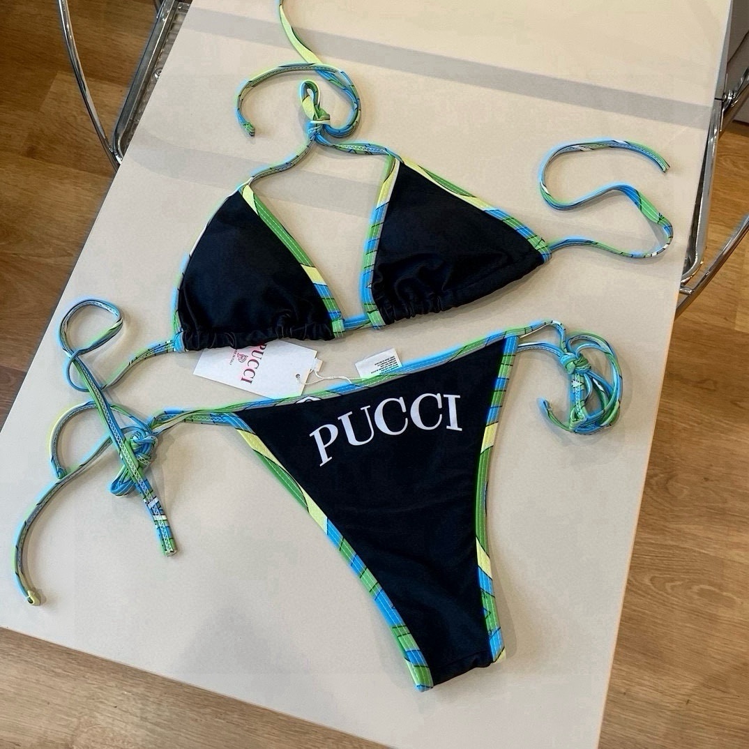 Emilio Pucci Black Triangle Bikini Set with Logo & Printed Trim