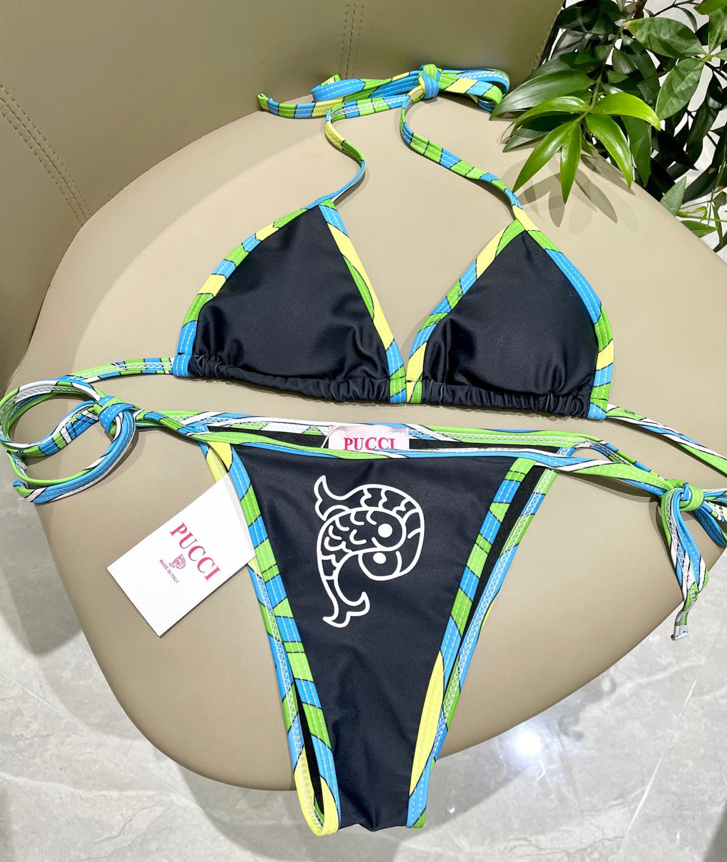 Y2K Black Triangle Bikini Set with Blue & Green Striped Trim