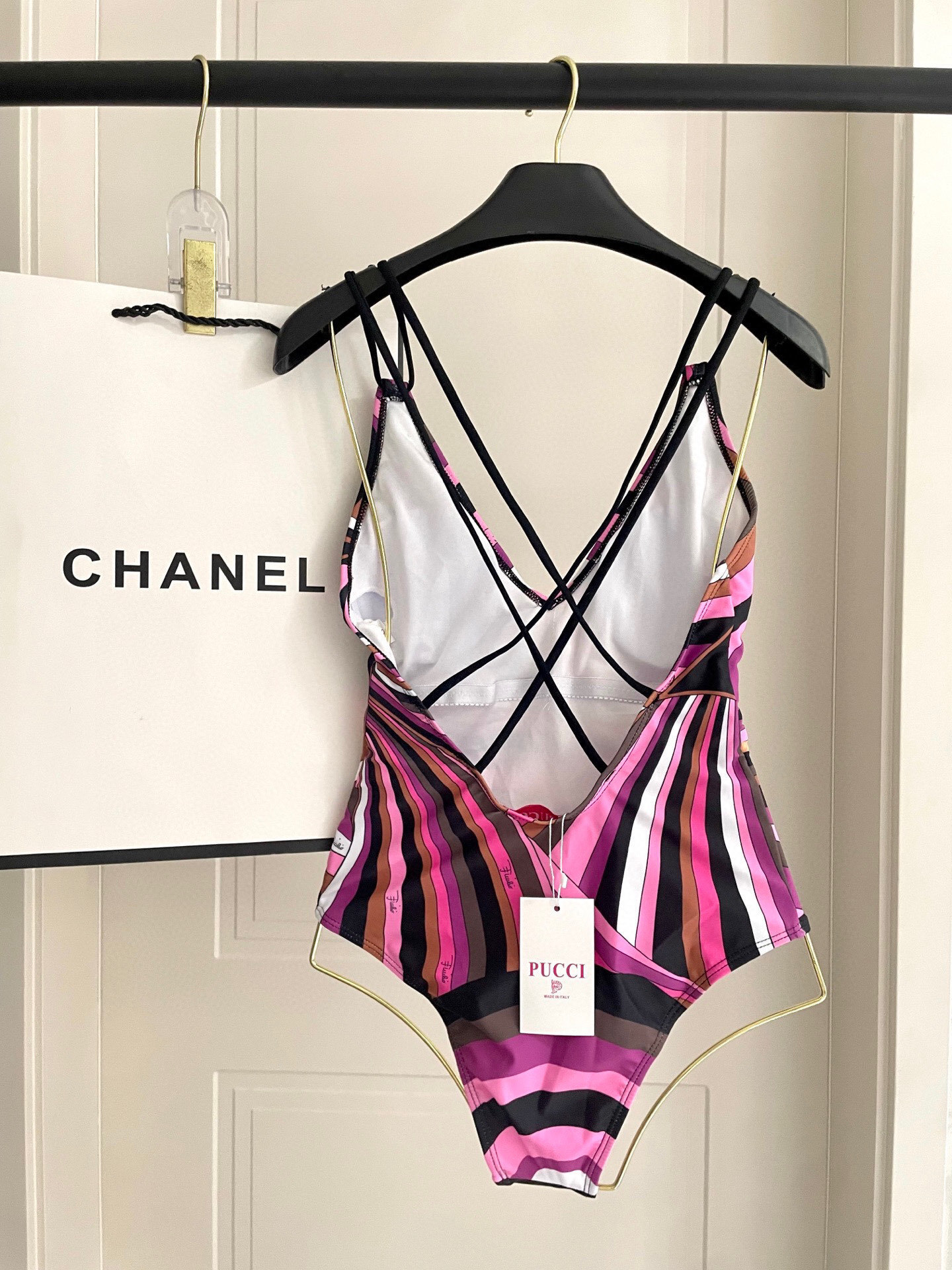 Geometric V-Neck One-Piece Swimsuit – Pink & Purple Retro Strappy