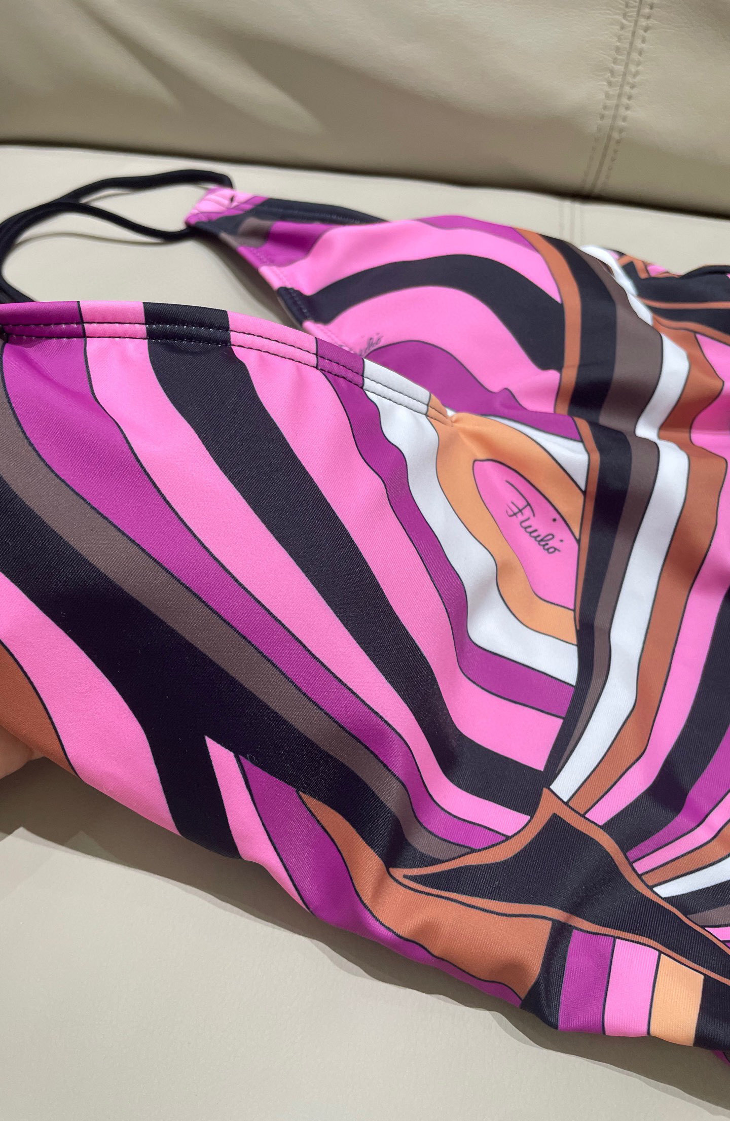 Geometric V-Neck One-Piece Swimsuit – Pink & Purple Retro Strappy