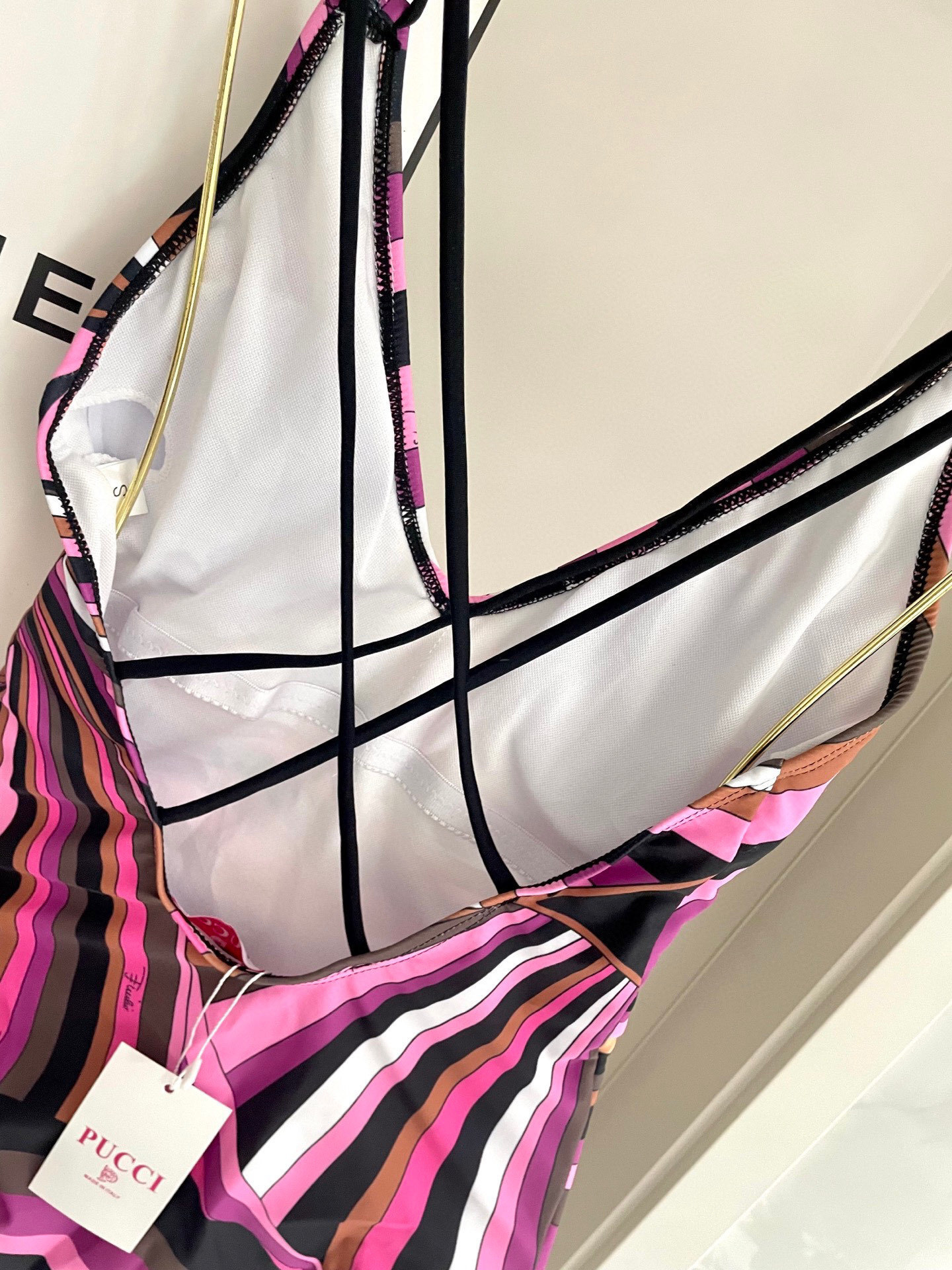 Retro Geometric Swirl V-Neck One-Piece Swimsuit Pink & Brown