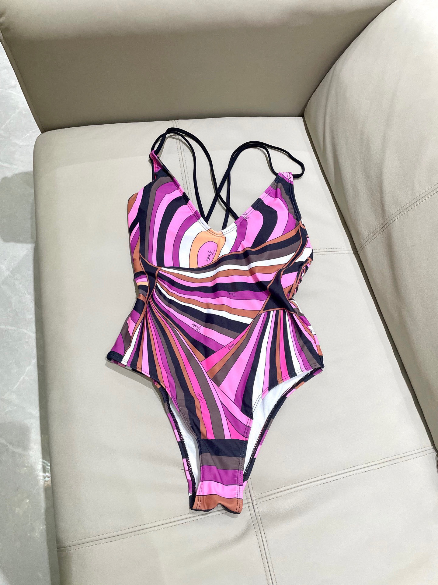 Retro Geometric Swirl V-Neck One-Piece Swimsuit Pink & Brown