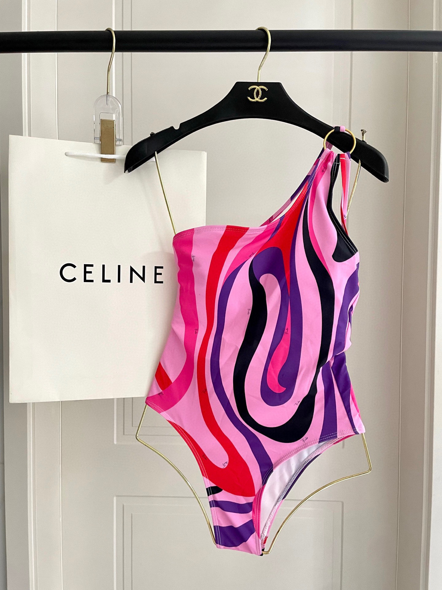 Retro Pink Abstract Swirl One Shoulder One Piece Swimsuit