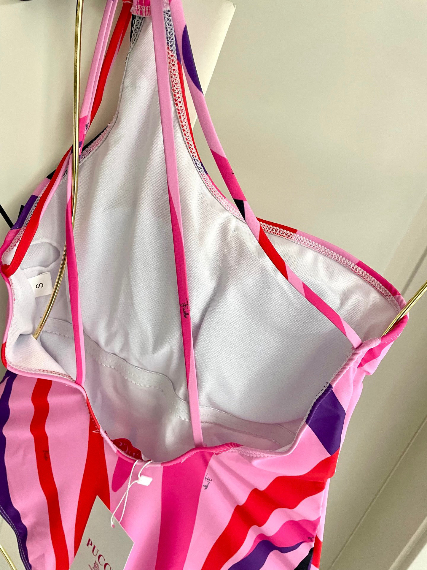 Retro Pink Abstract Swirl One Shoulder One Piece Swimsuit