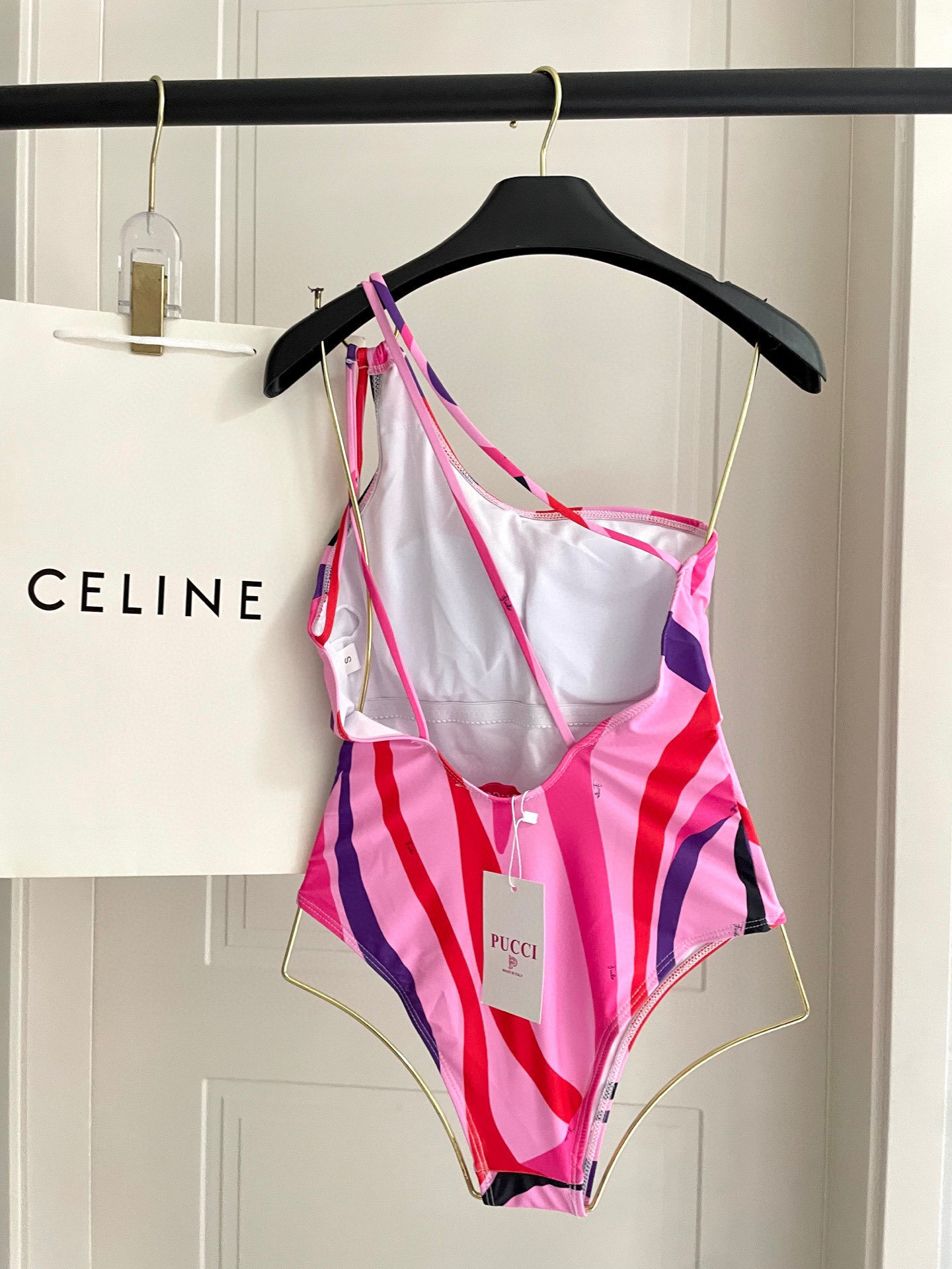 Retro Pink Abstract Swirl One Shoulder One Piece Swimsuit