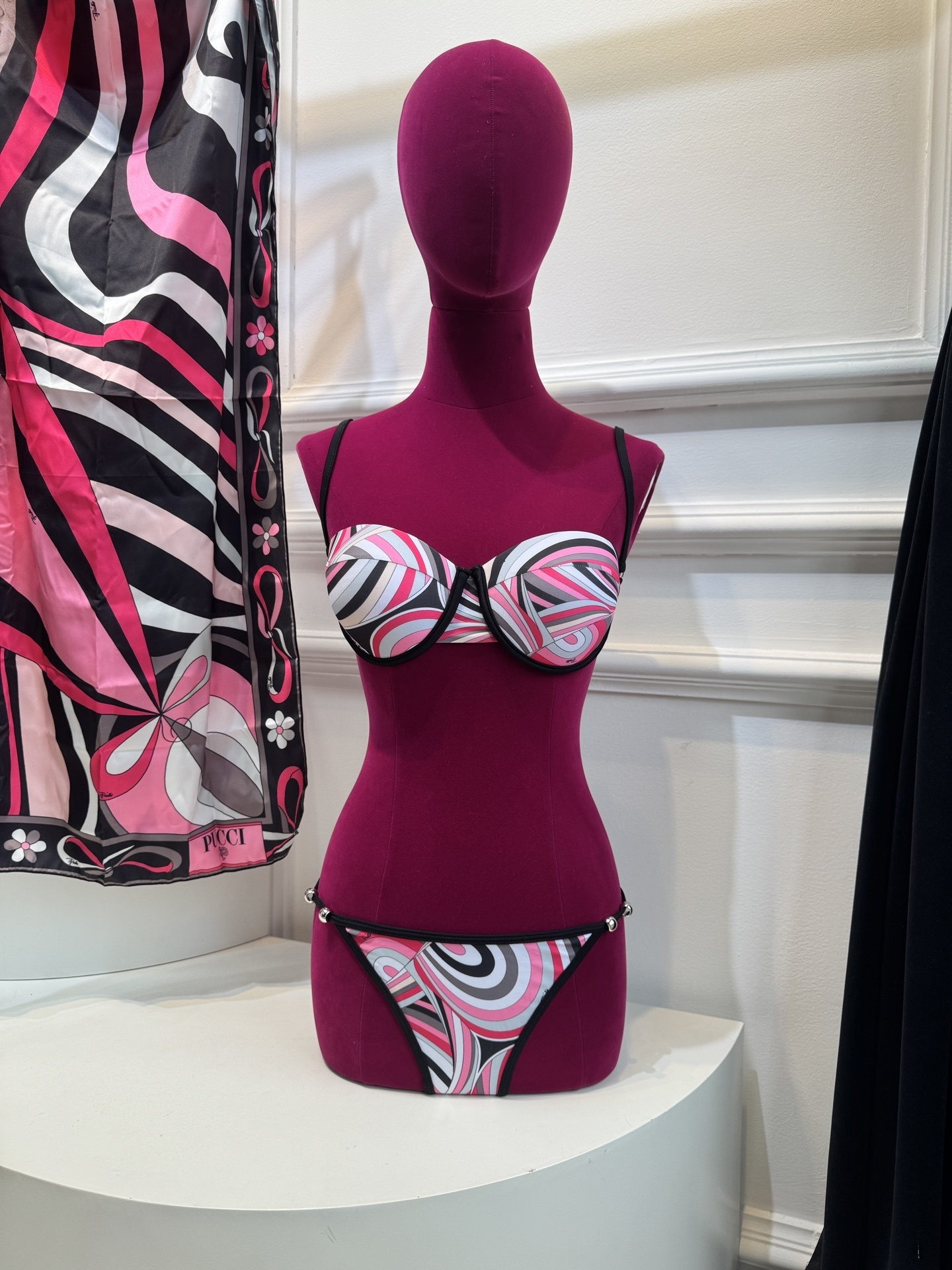 Pink Abstract Swirl Print 3-Piece Bikini Set with Matching Sarong
