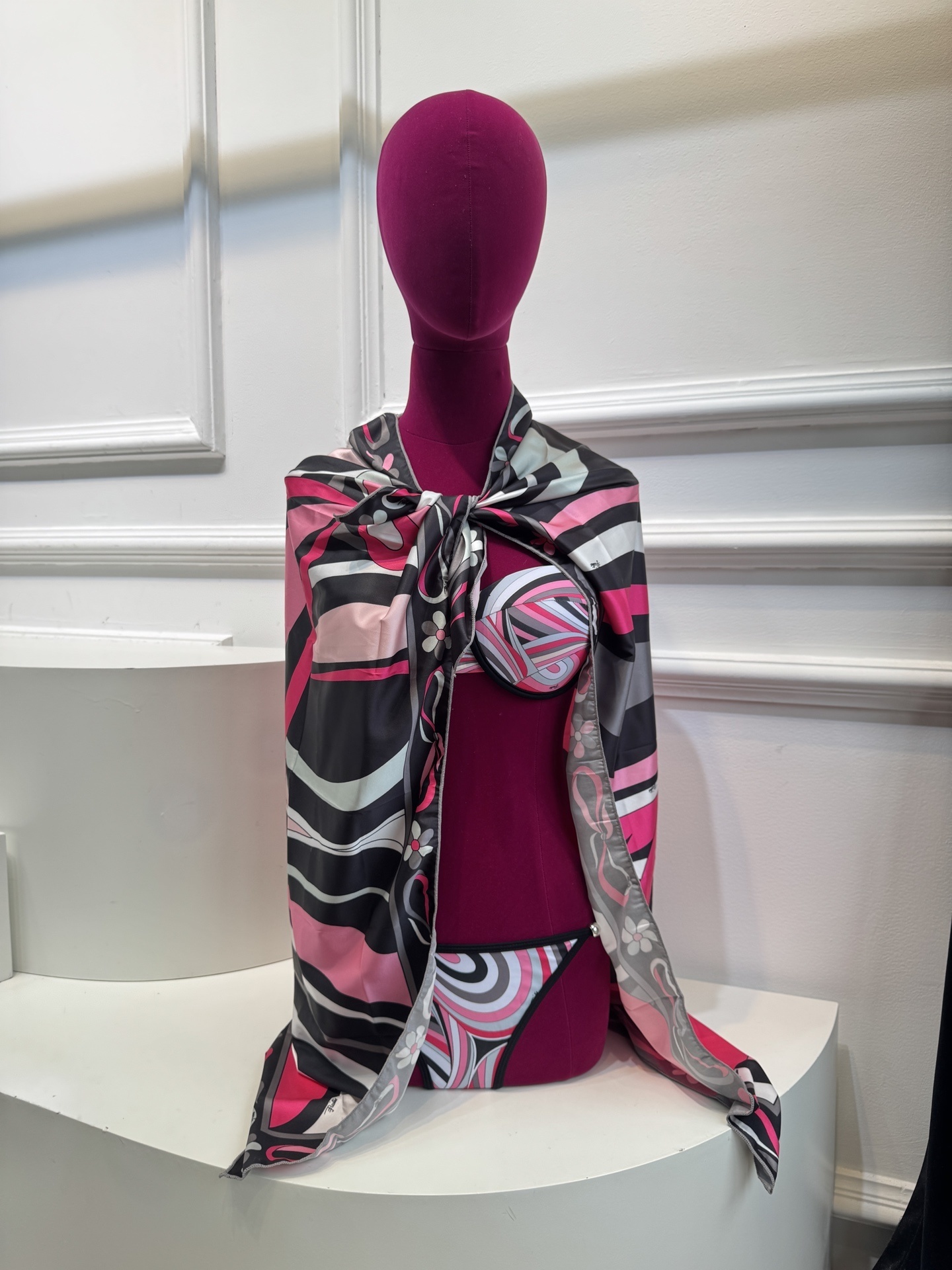 Pink Abstract Swirl Print 3-Piece Bikini Set with Matching Sarong