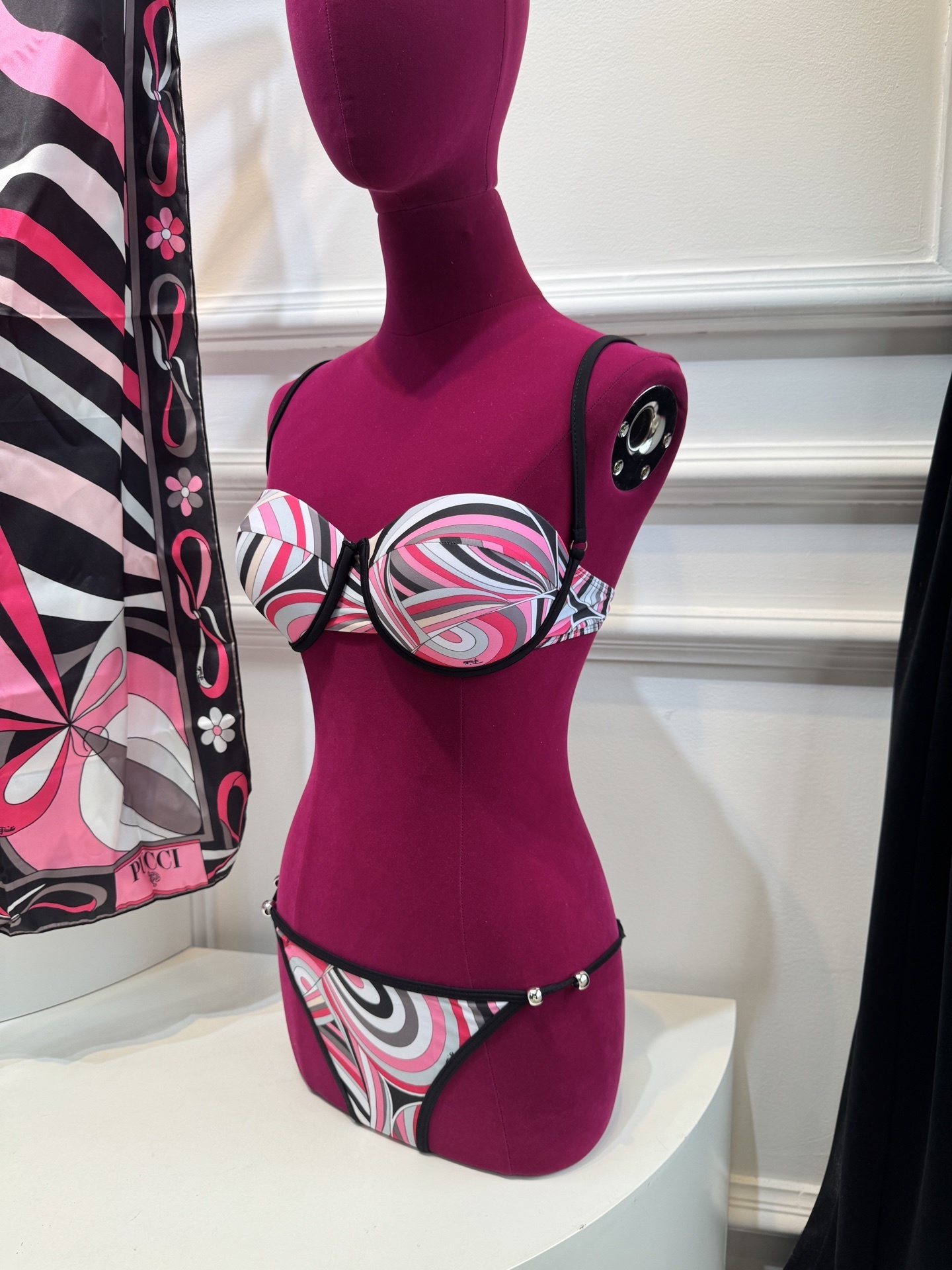 Pink Abstract Swirl Print 3-Piece Bikini Set with Matching Sarong