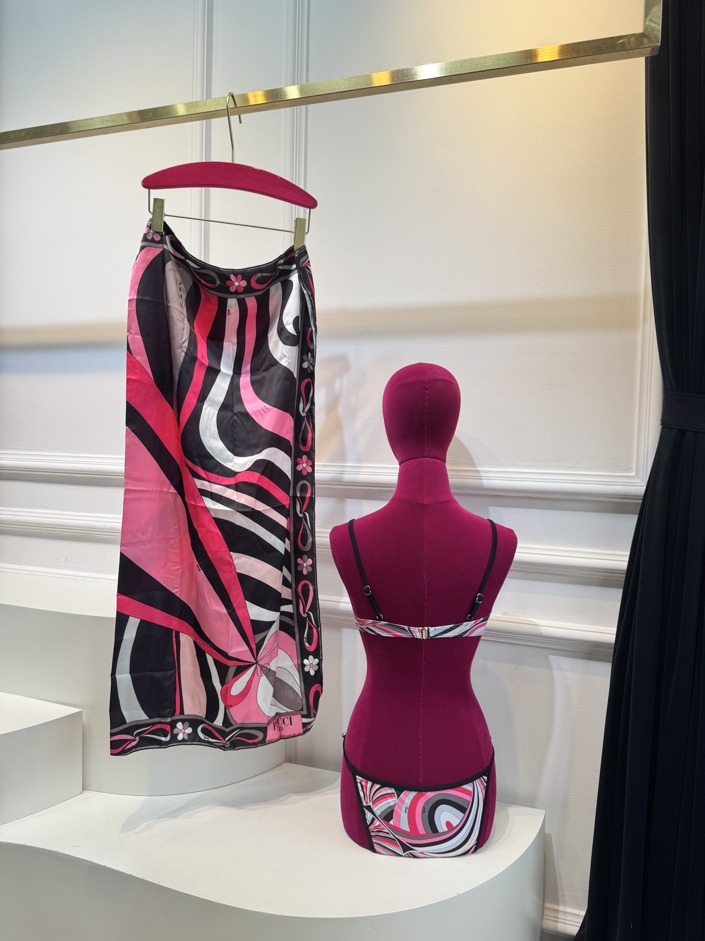 Pink Abstract Swirl Print 3-Piece Bikini Set with Matching Sarong