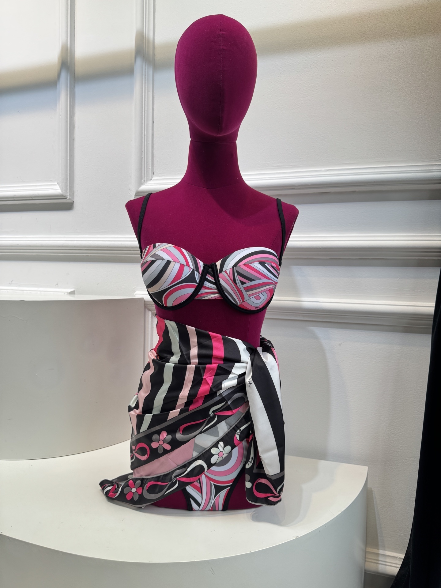 Pink Abstract Swirl Print 3-Piece Bikini Set with Matching Sarong