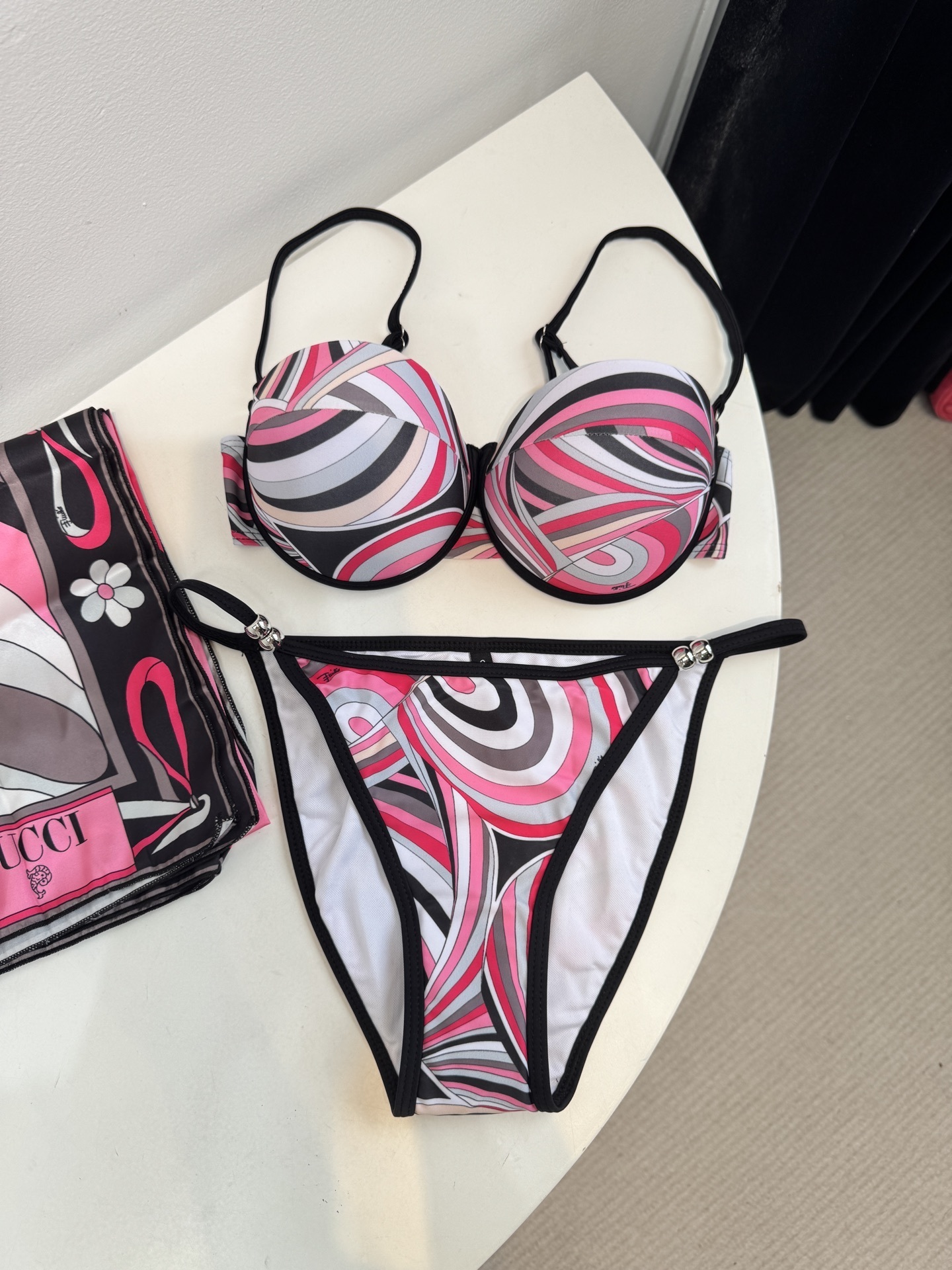 Emilio Pucci Pink Abstract Print Bikini Set & Scarf 3pc