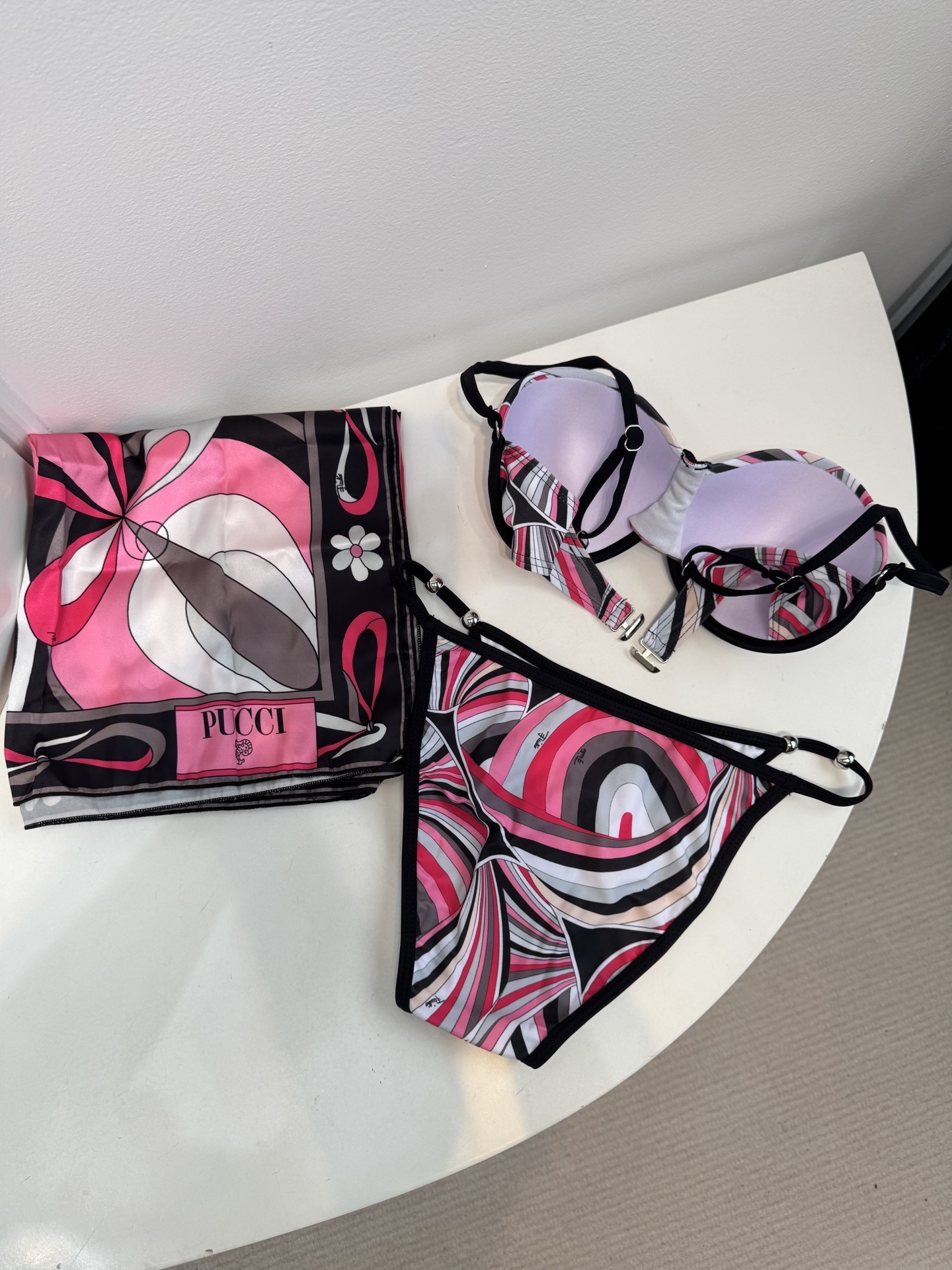 Emilio Pucci Pink Abstract Print Bikini Set & Scarf 3pc