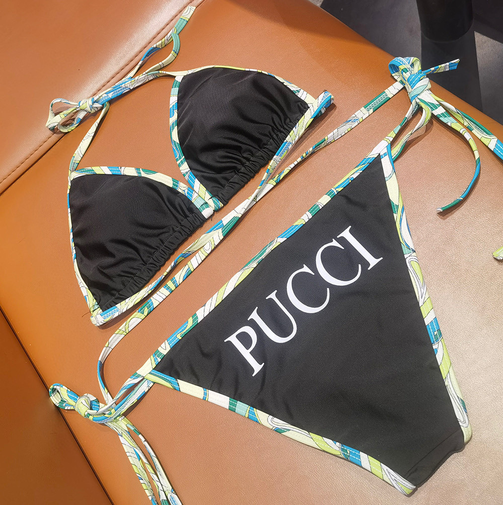 Chic Black Triangle Bikini Set – Green Geometric Trim Swimwear