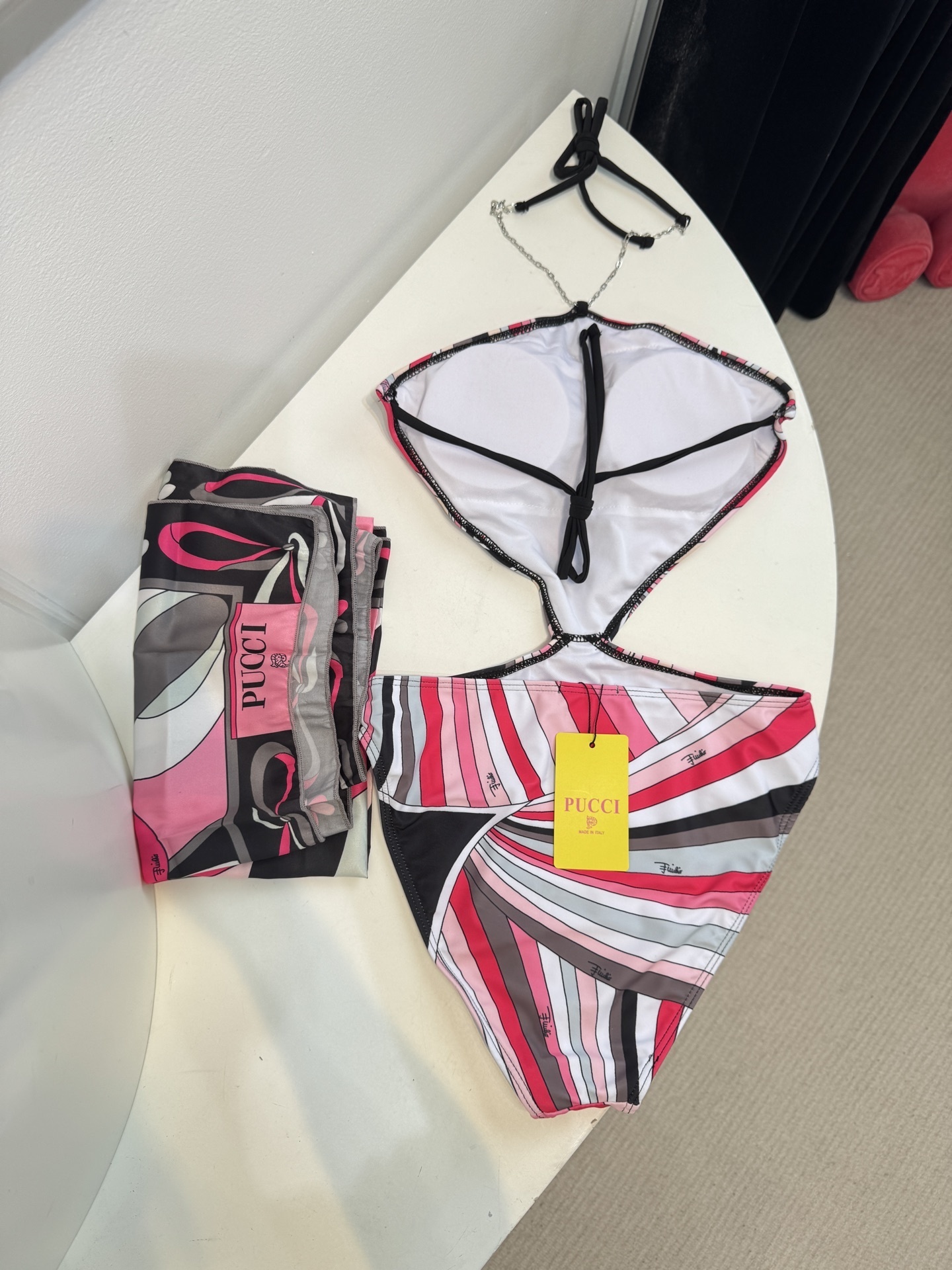 Emilio Pucci Pink Abstract Print Halter Bikini & Sarong Set