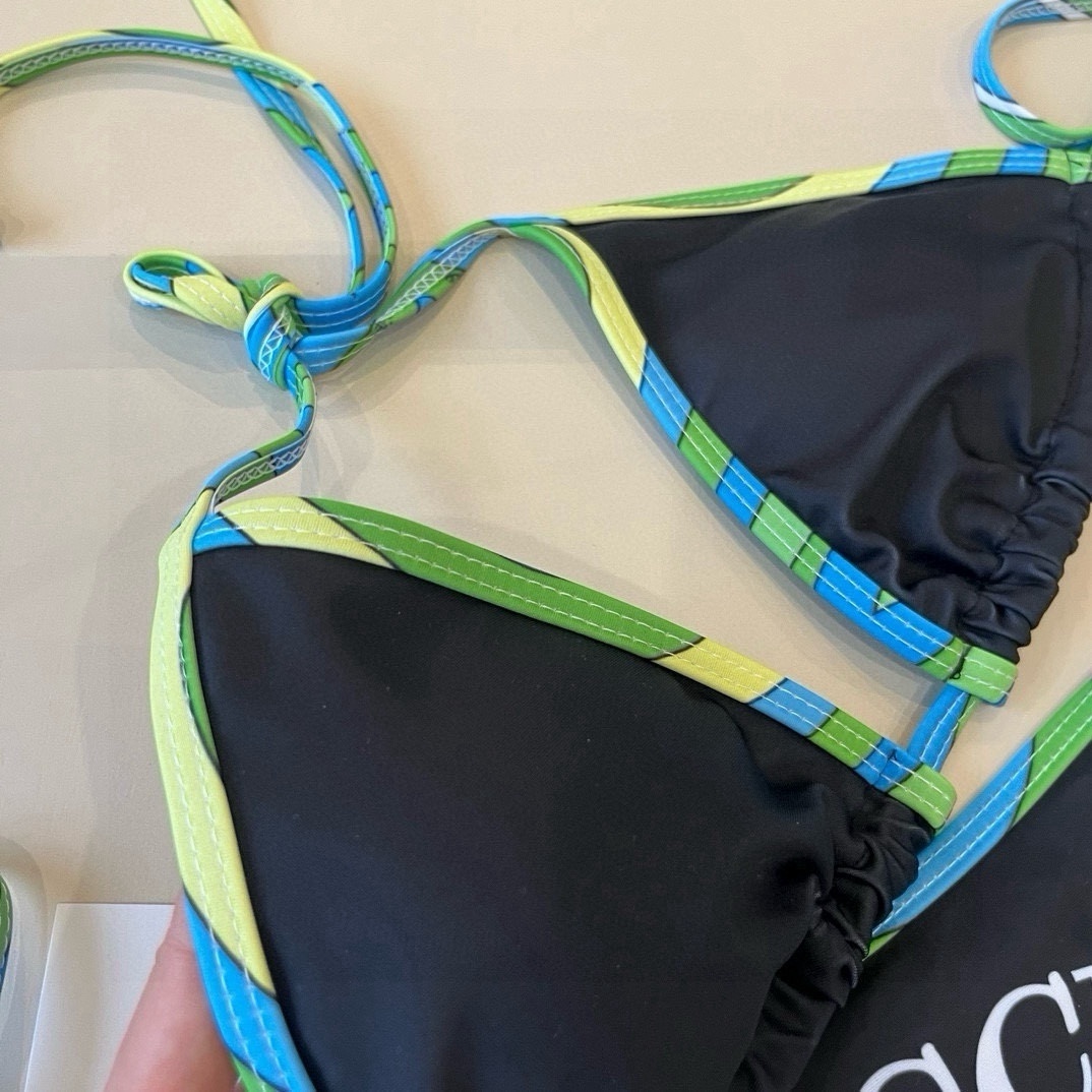 Emilio Pucci Black String Bikini Set – Green Blue Trim & Dolphin Logo