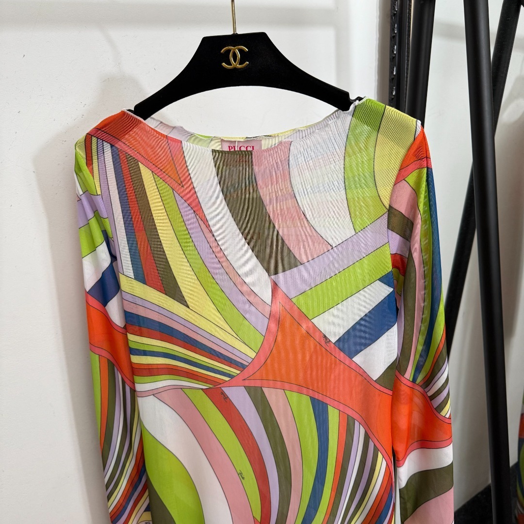 Pucci Print Long Sleeve Mesh Maxi Dress – Abstract Multicolor