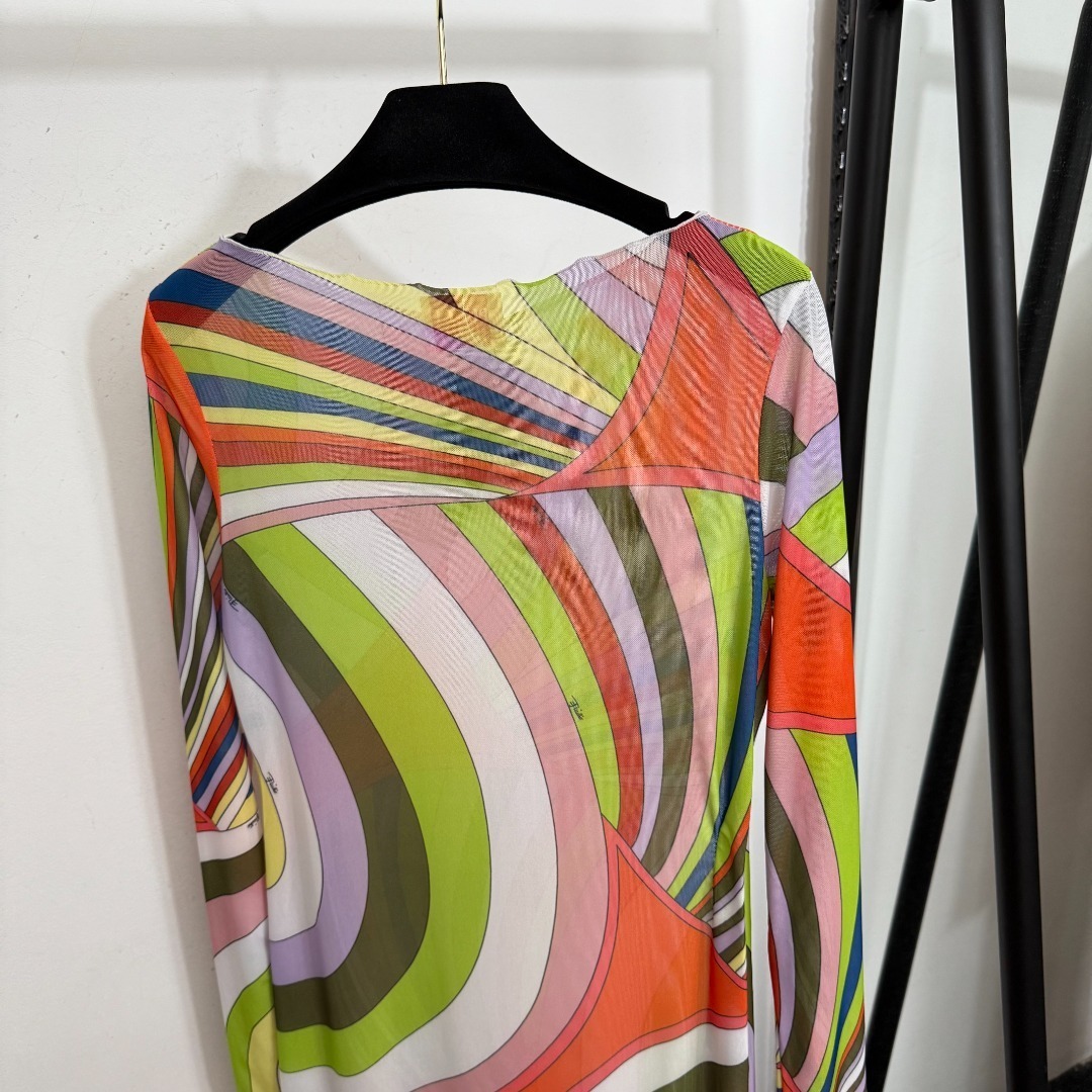 Pucci Print Long Sleeve Mesh Maxi Dress – Abstract Multicolor