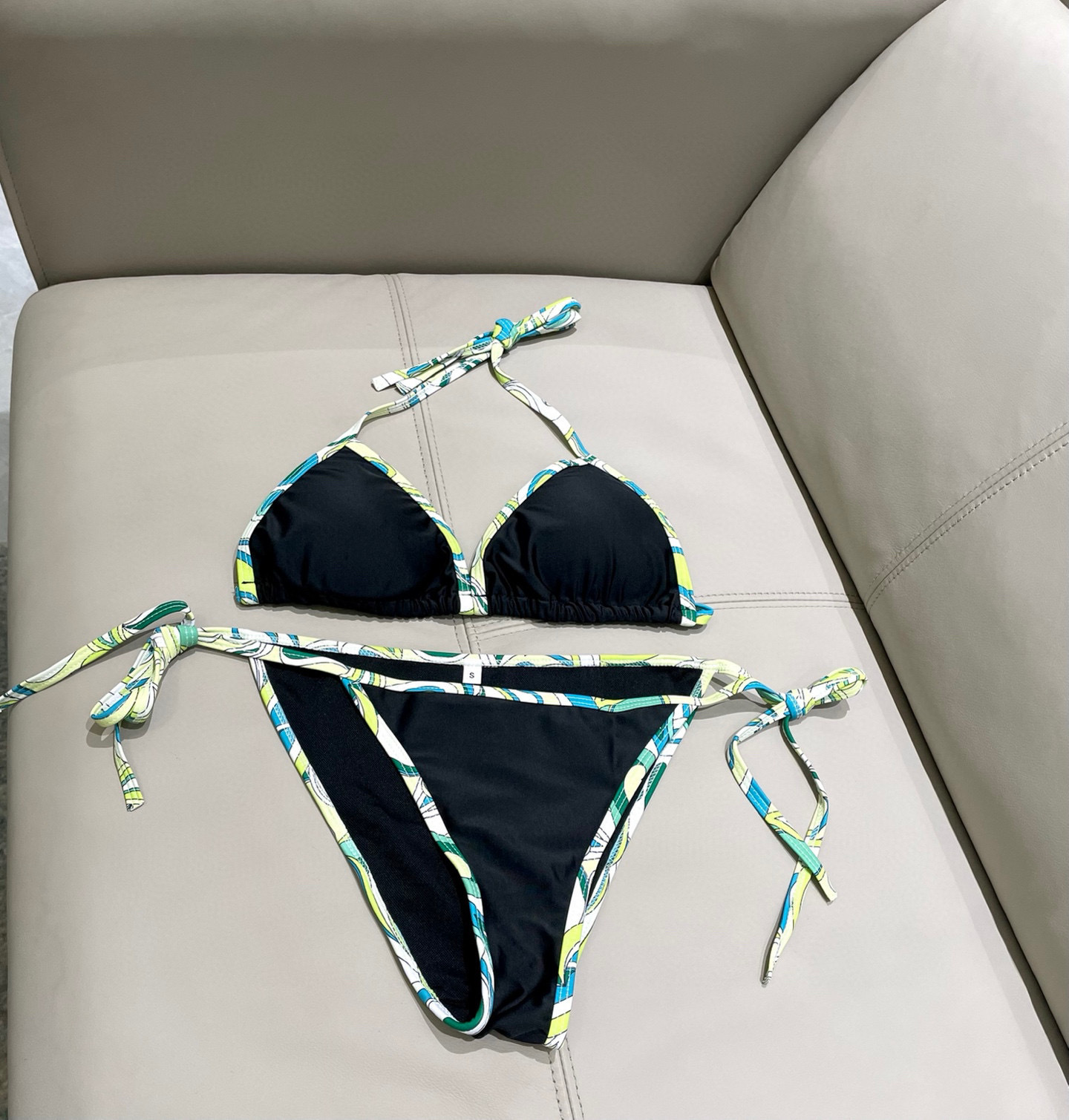Black Triangle Bikini Set with Green Abstract Trim – Summer Swimwear