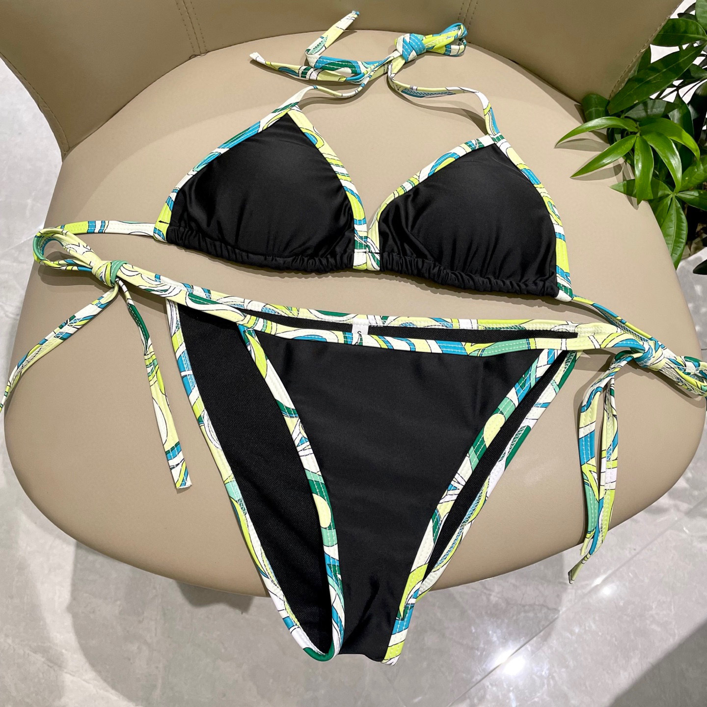 Black Triangle Bikini Set with Green Abstract Trim – Summer Swimwear