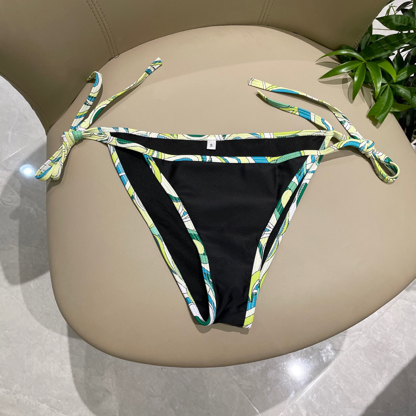Black Triangle Bikini Set with Green Abstract Trim – Summer Swimwear