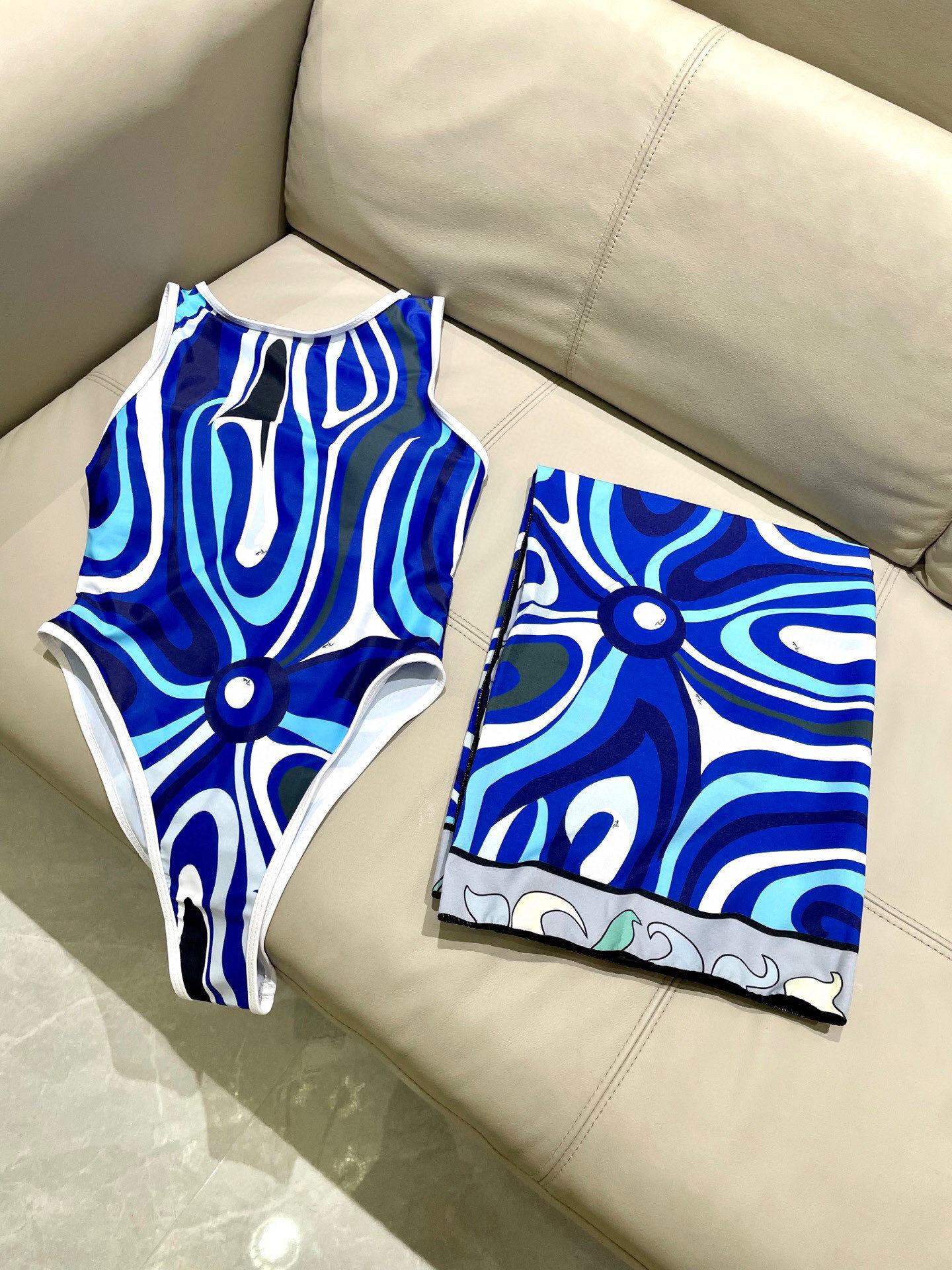Blue Abstract Swirl Print One-Piece Swimsuit High Cut Beachwear