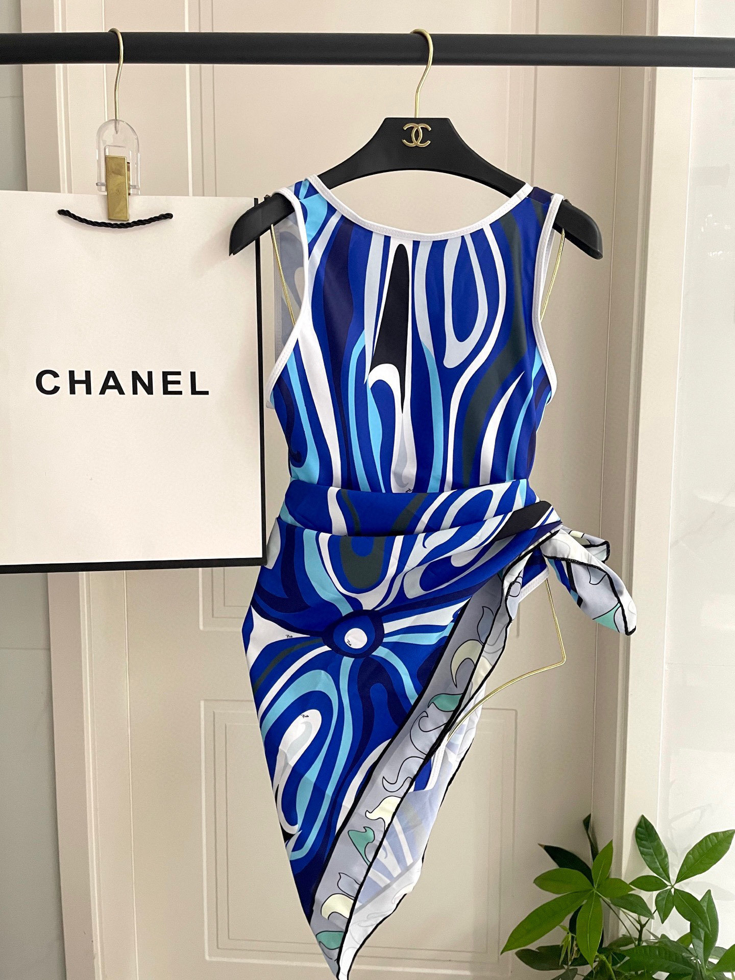 Blue Abstract Swirl Print One-Piece Swimsuit High Cut Beachwear