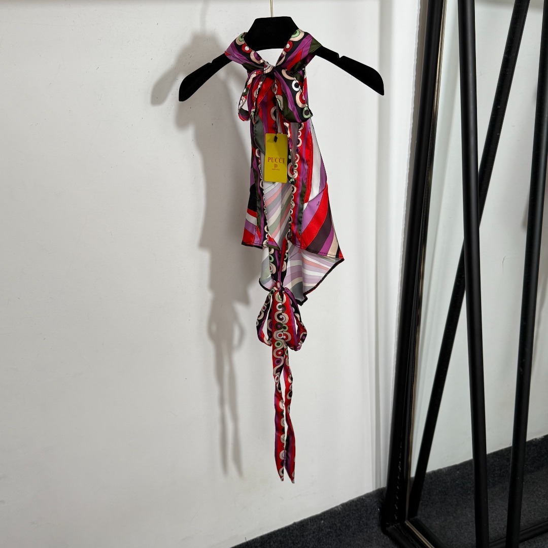 Chic Geometric Satin Halter Top – Colorful Backless Tie Scarf Blouse