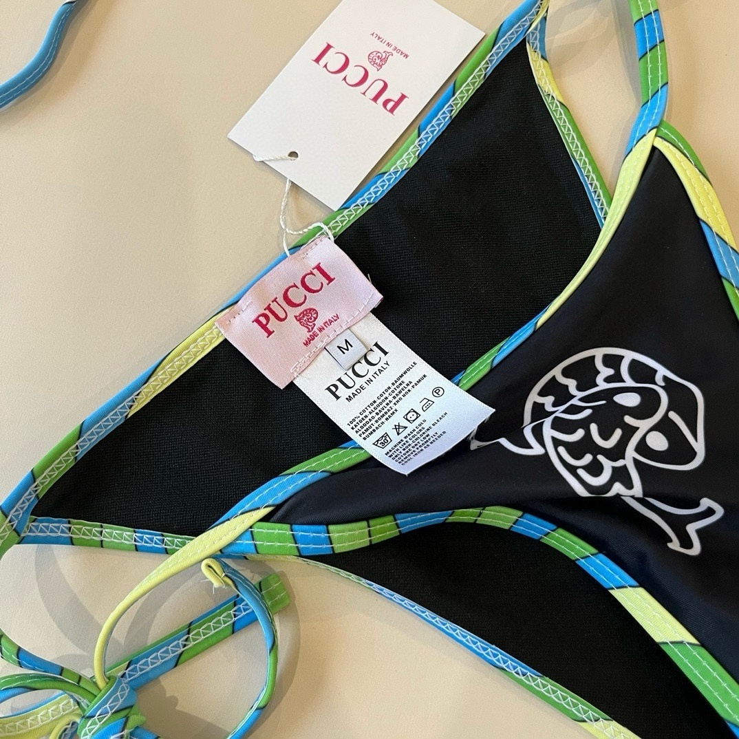 Pucci Black Triangle Bikini Set – Green Blue Trim & Fish Logo
