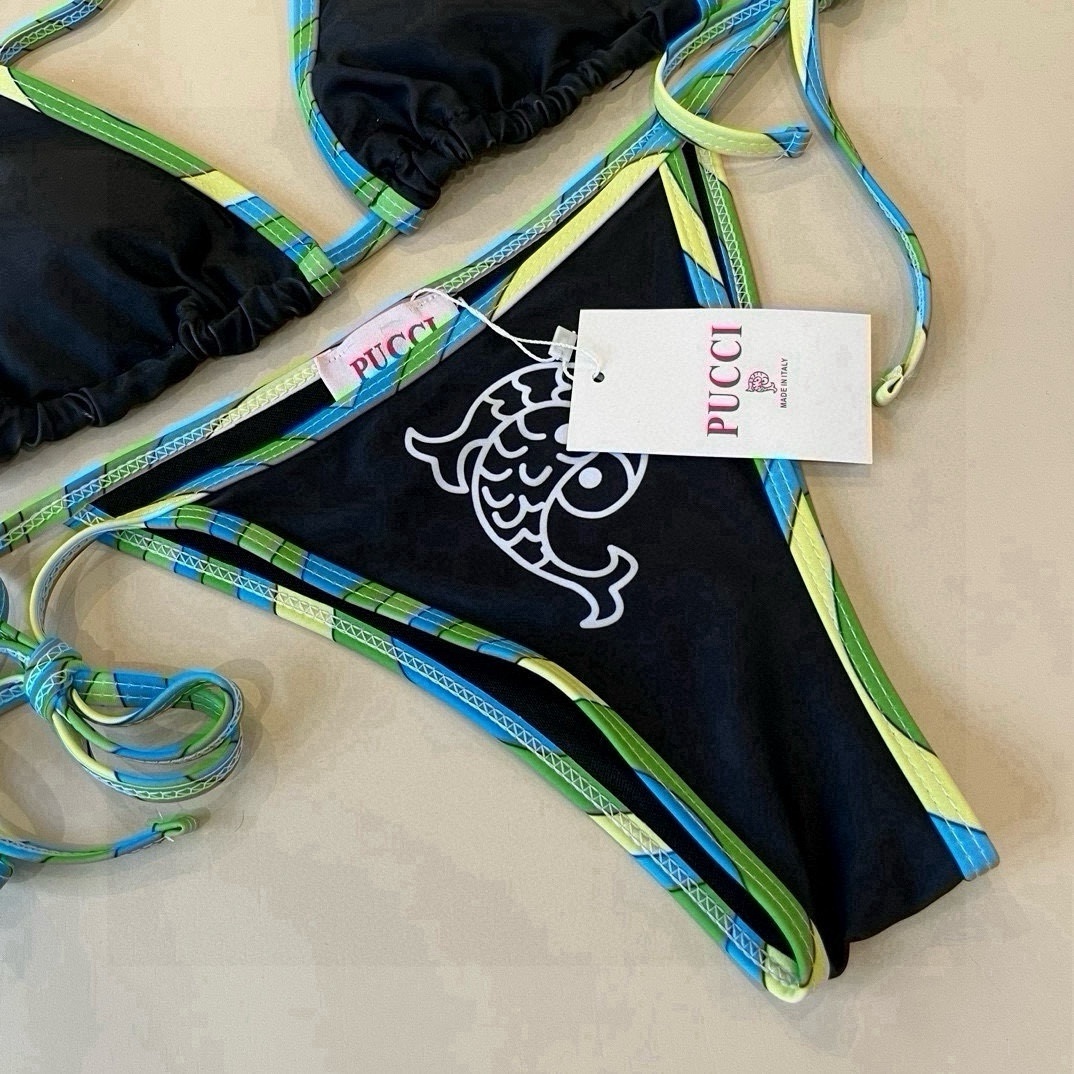 Emilio Pucci Black String Bikini Set – Blue/Green Trim & Logo