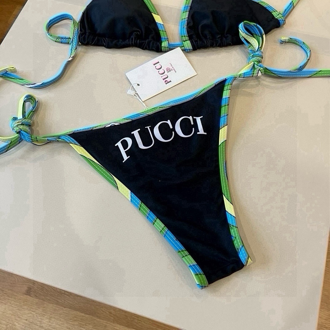 Emilio Pucci Black String Bikini Set – Blue/Green Trim & Logo
