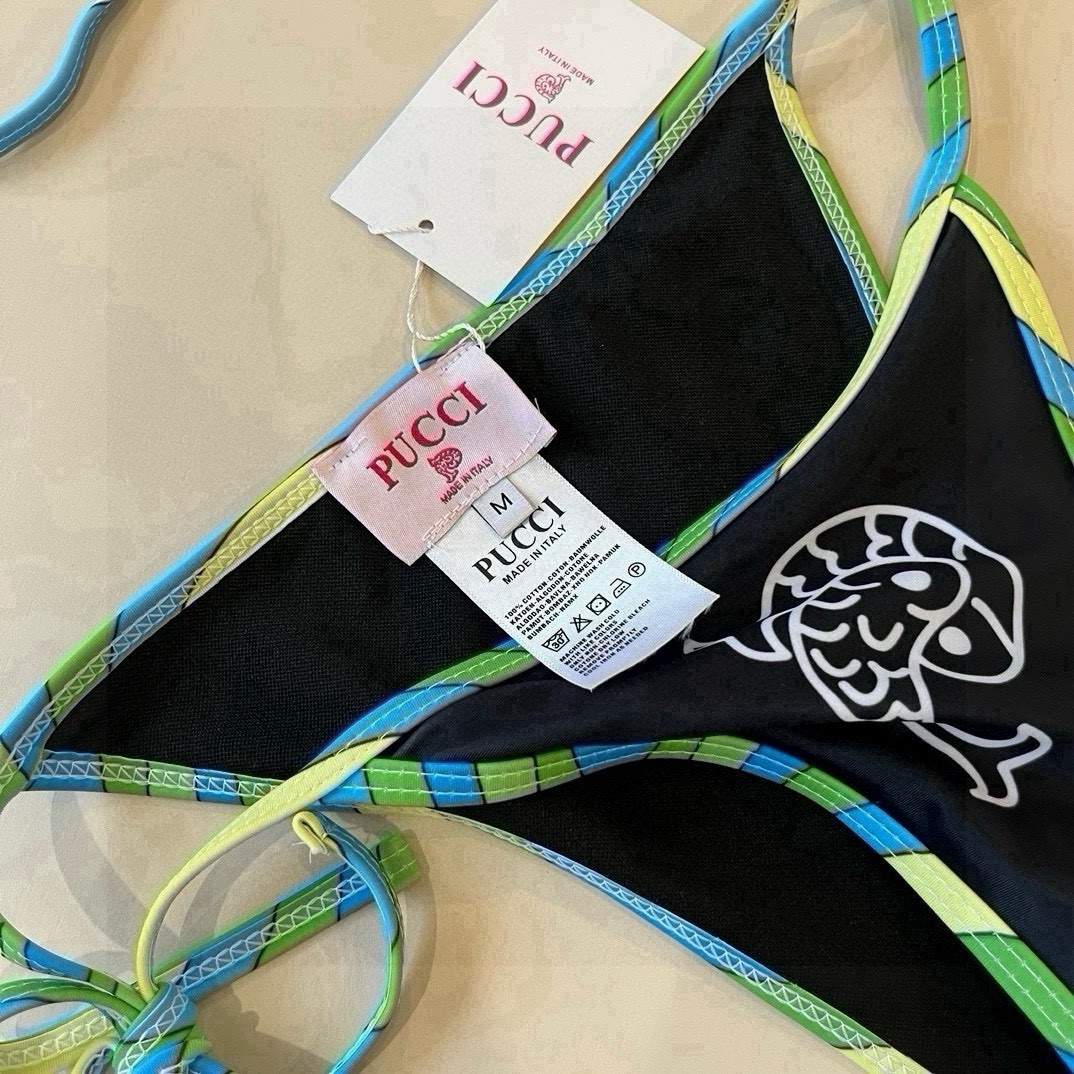 Emilio Pucci Black String Bikini Set – Blue/Green Trim & Logo