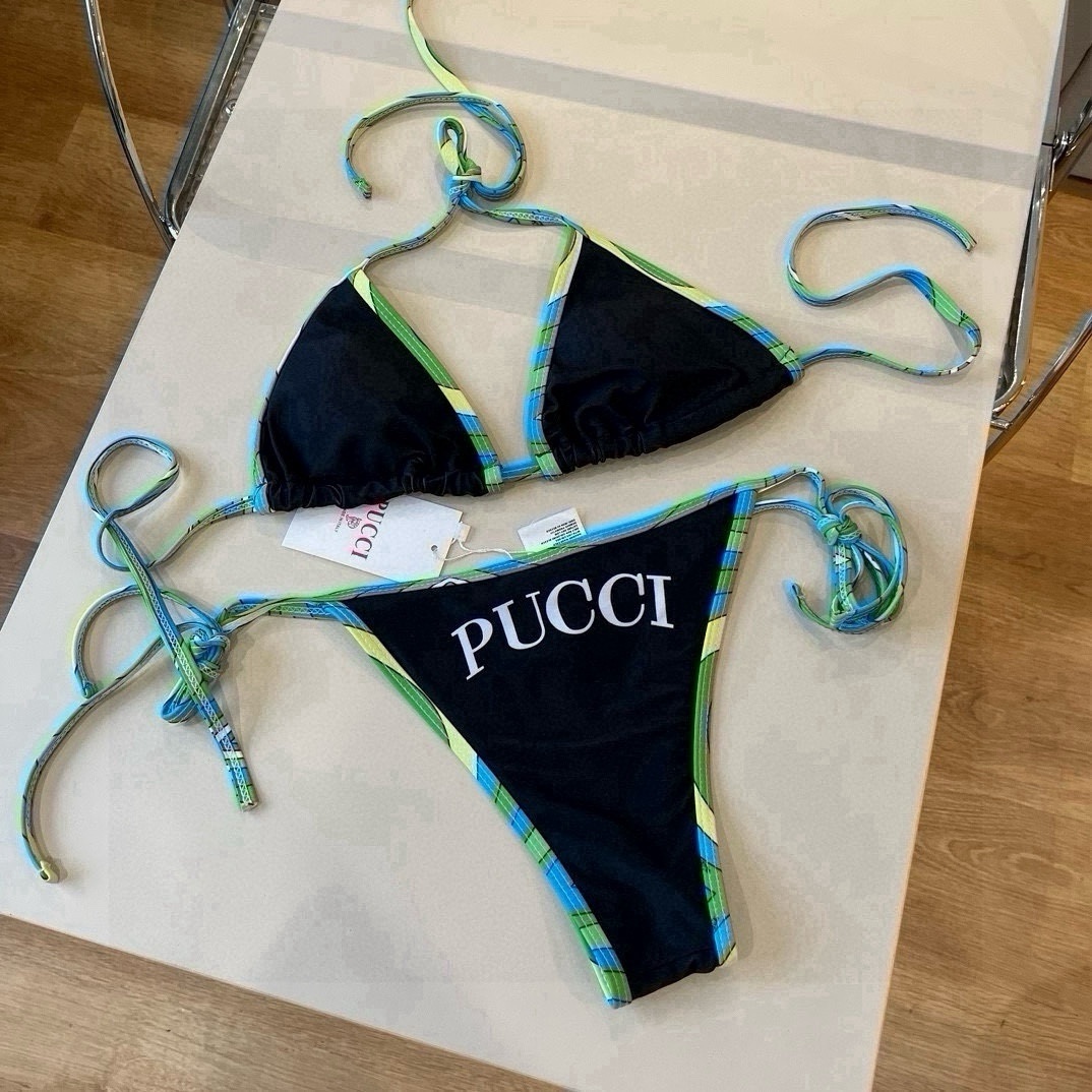 Emilio Pucci Black String Bikini Set – Blue/Green Trim & Logo