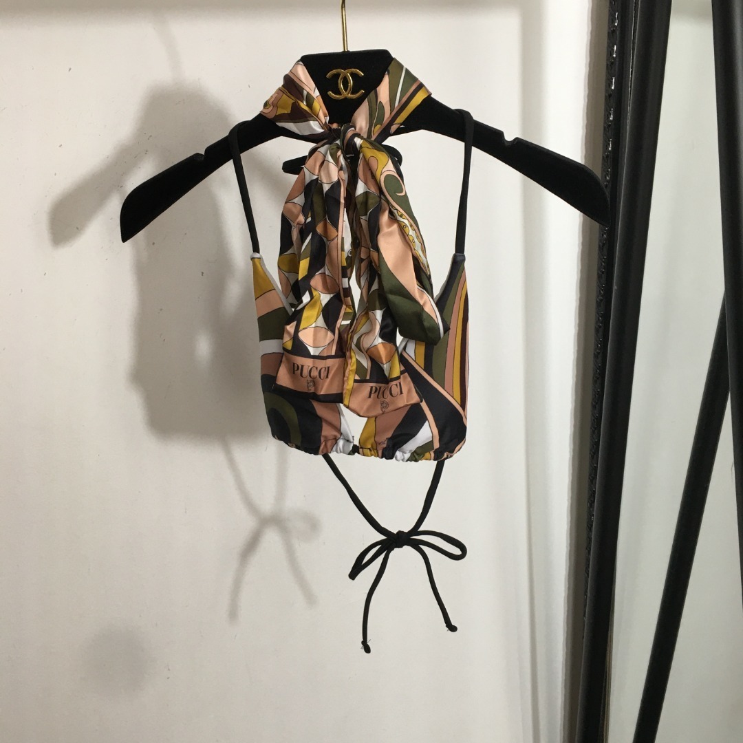 Pucci Abstract Earth Tone 3-Piece Triangle Bikini Set with Scarf