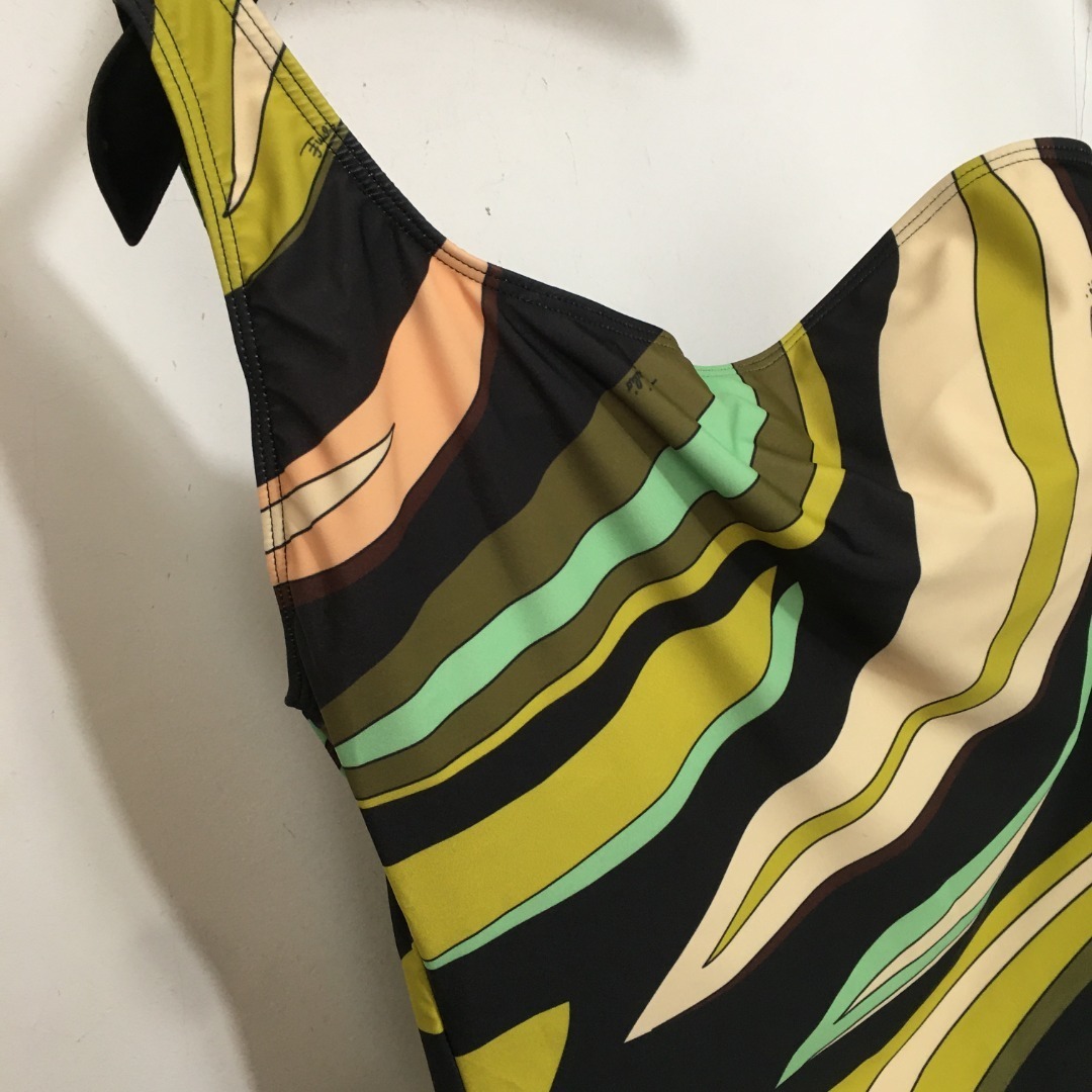 Vintage Style One-Shoulder Swimsuit – Abstract Green & Black Print