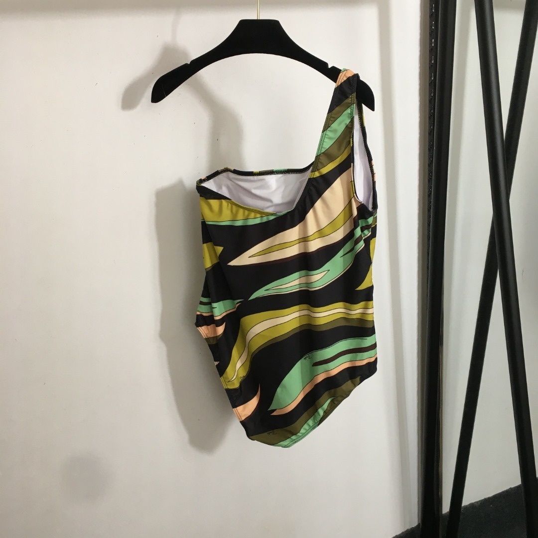 Vintage Style One-Shoulder Swimsuit – Abstract Green & Black Print