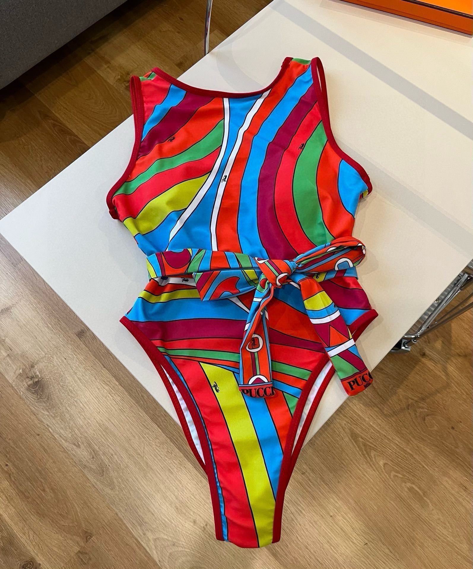 Emilio Pucci Multicolor Abstract Print Belted One-Piece Swimsuit