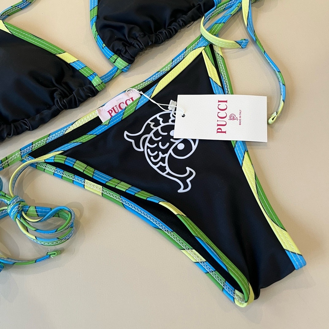 Emilio Pucci Black Triangle Bikini Set with Green & Blue Trim