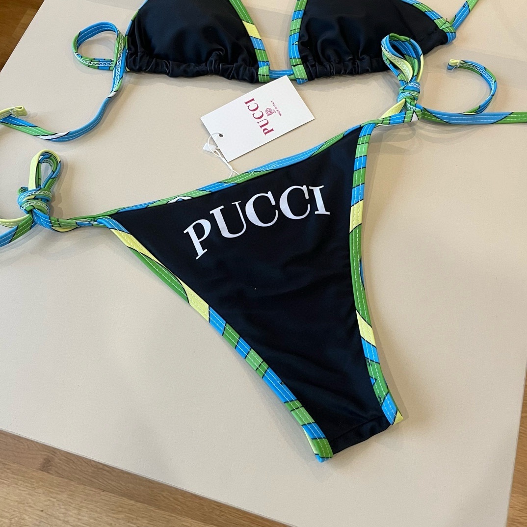 Emilio Pucci Black Triangle Bikini Set with Green & Blue Trim