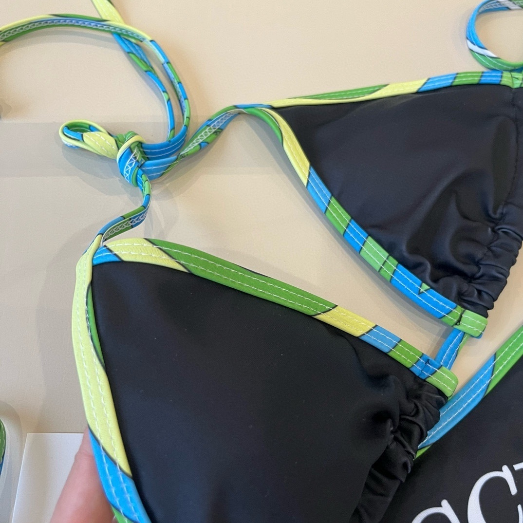 Emilio Pucci Black Triangle Bikini Set with Green & Blue Trim