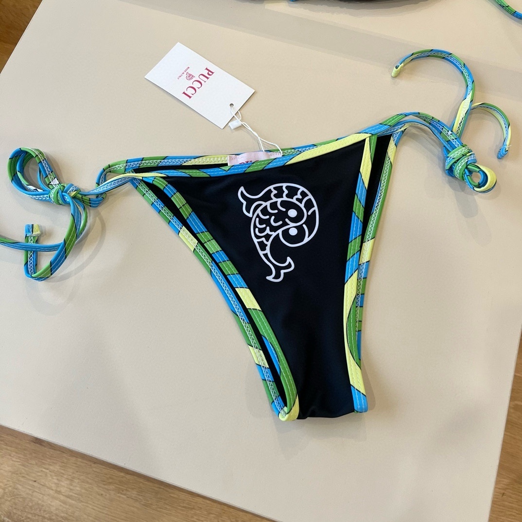 Emilio Pucci Black Triangle Bikini Set with Green & Blue Trim