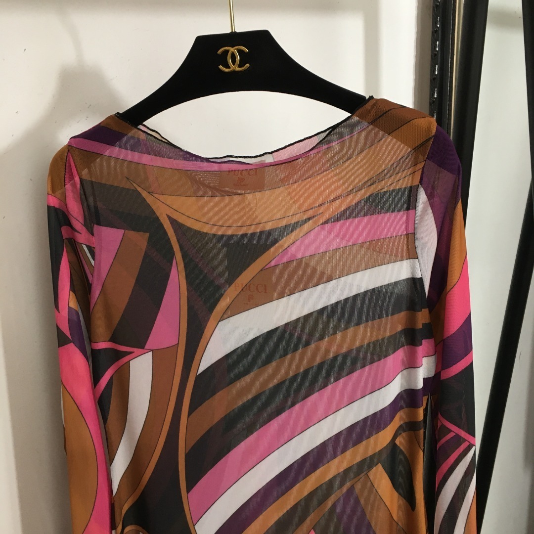 Emilio Pucci Geometric Print Mesh Long Sleeve Maxi Dress