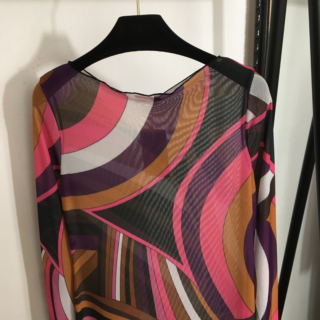 Emilio Pucci Geometric Print Mesh Long Sleeve Maxi Dress