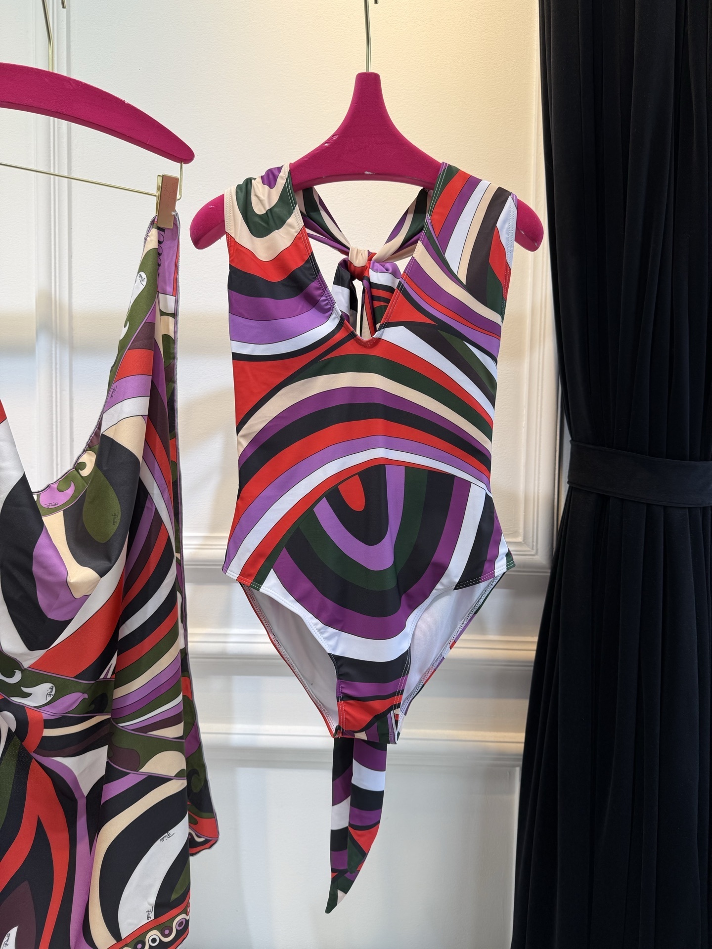 Vibrant Geometric Halter One-Piece Swimsuit with Waist Tie