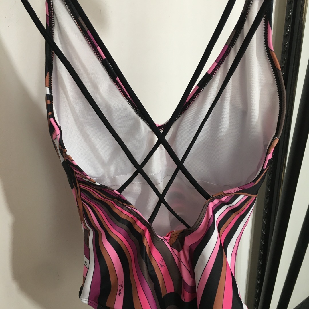 Retro Geometric Print V-Neck One-Piece Swimsuit – Pink & Brown