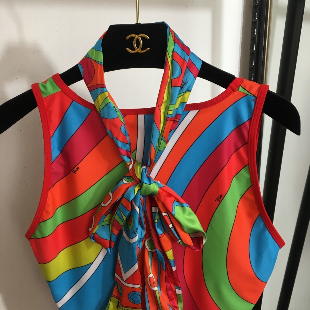 Vintage Emilio Pucci Multicolor Swirl Print Bodysuit Scarf Tie