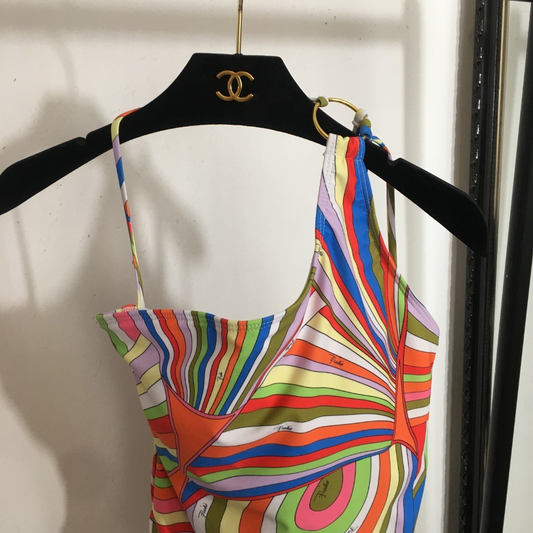 Vibrant Retro Swirl Print One-Shoulder One-Piece Swimsuit