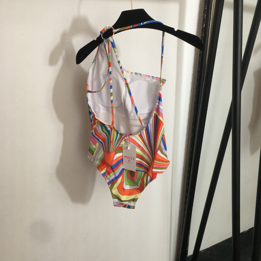 Vibrant Retro Swirl Print One-Shoulder One-Piece Swimsuit